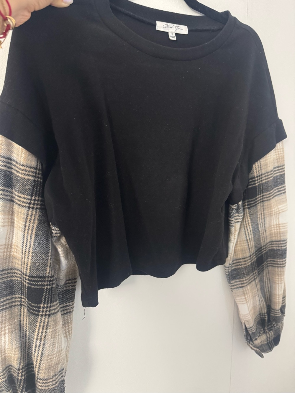 Black Long Sleeve Top with Beige & Black Plaid Balloon Sleeves